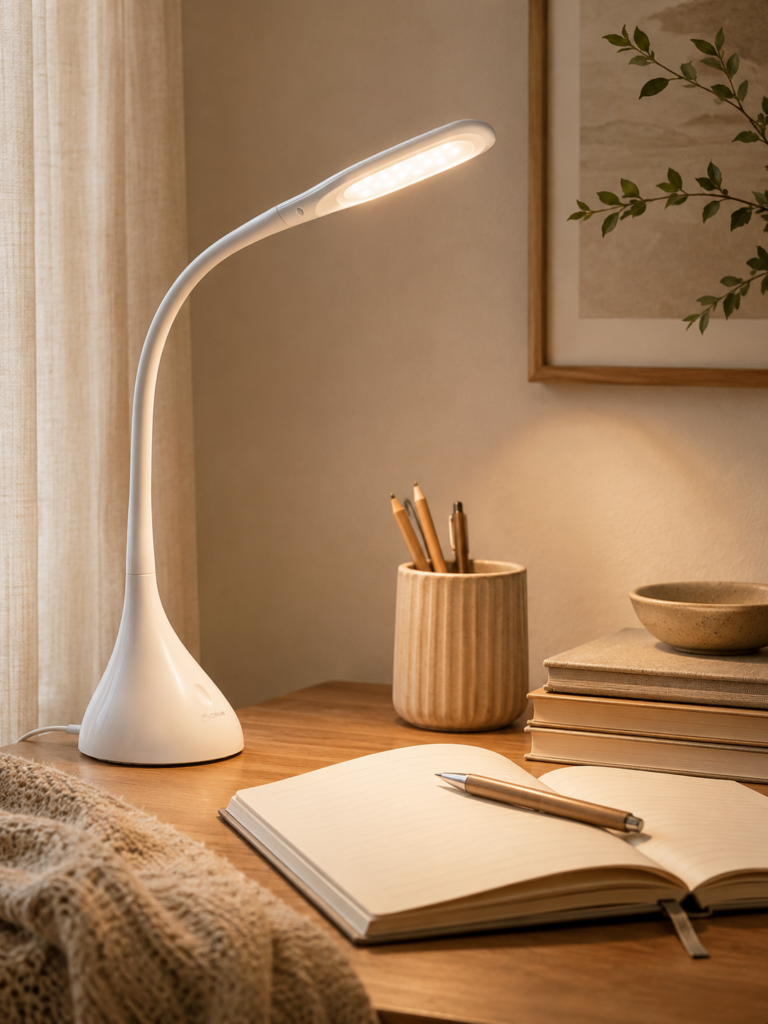 OttLite Creative Curves LED Desk Lamp Modern white multi-head LED desk lamp with four adjustable illuminated light bars