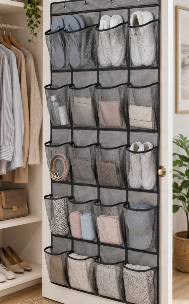 Over-the-door mesh shoe organizer with multiple spacious pockets holding shoes, sandals, belts, accessories, and folded textiles, styled in a bright, tidy neutral closet.