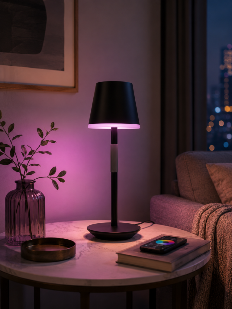 PHILIPS Hue Go Smart Portable Table Lamp Philips Hue black smart table lamp with a modern tapered shade and color ambient lighting
