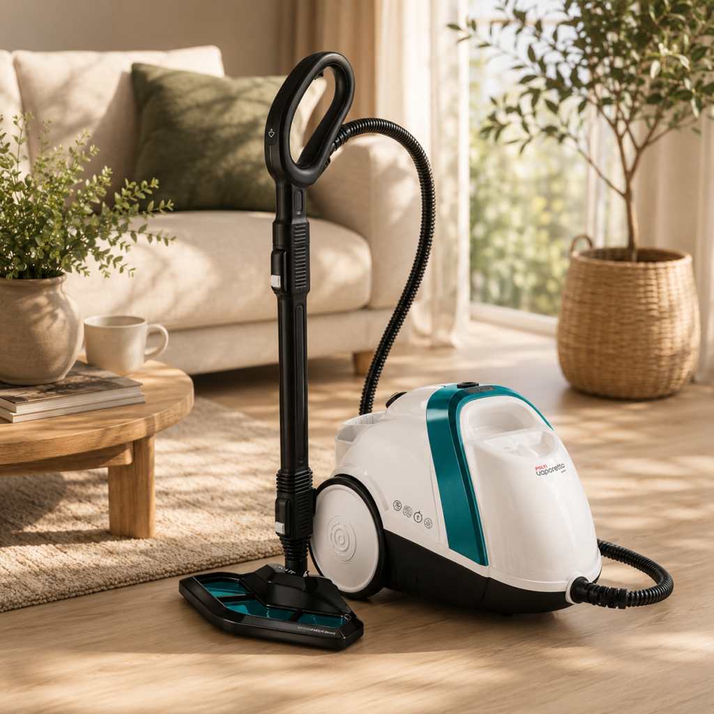 POLTI Vaporetto Smart 100 Steam Cleaner POLTI Vaporetto steam cleaner with an upright hose and floor head in a warm, sunlit living room, styled beside a cozy sofa, rug, wooden table, and indoor plants.