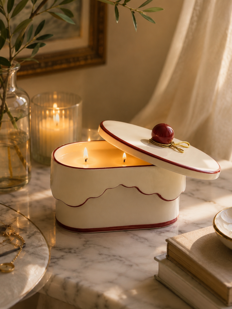 French Juniper & Oris soy wax candle in a decorative cream and red keepsake tin