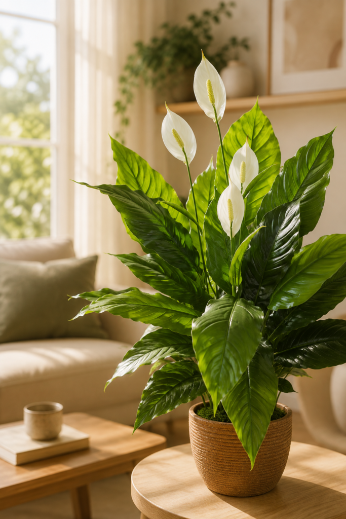 The peace lily is styled as an elegant, livable focal point in a bright, inviting home.