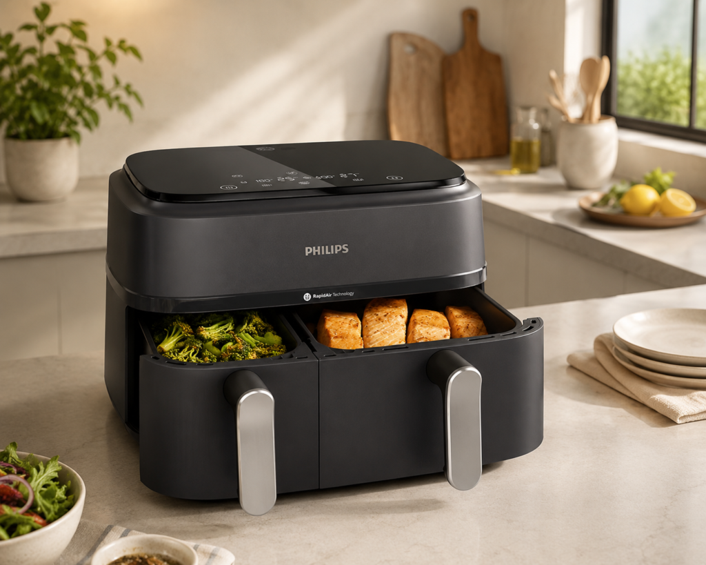 Philips 3000 Series Dual Basket Air Fryer on a bright modern kitchen countertop, with the two open baskets filled with roasted broccoli and golden salmon, surrounded by fresh ingredients and warm natural light.