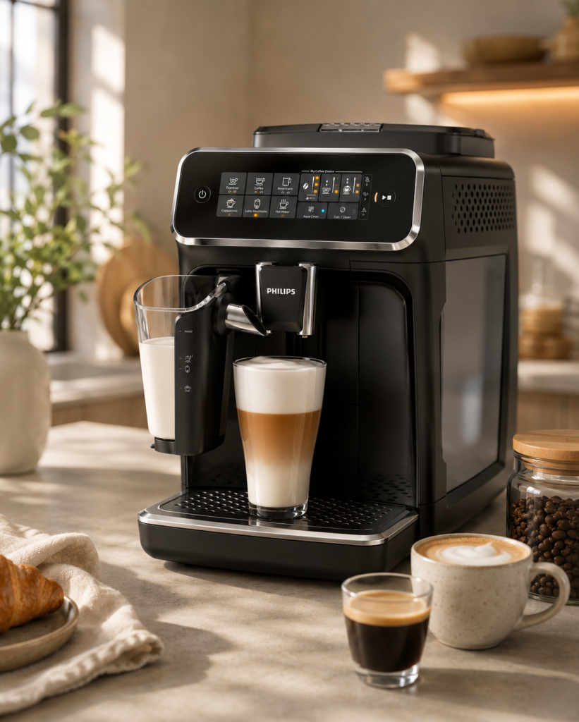 Philips 3200 Series Fully Automatic Espresso Machine in a warm, modern kitchen, preparing a layered latte beside espresso, cappuccino, coffee beans, and a croissant in soft natural light.