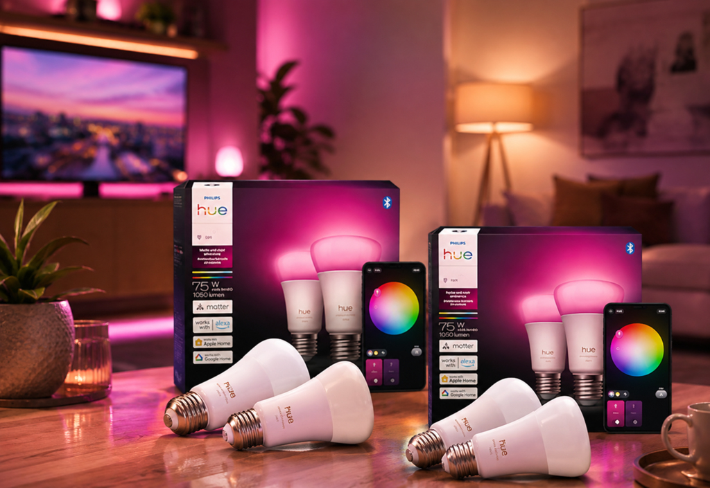 Philips Hue Smart LED A19 Bulb 4-Pack lifestyle-focused card cover that keeps the Philips Hue product identity while making the scene feel aspirational and home-ready