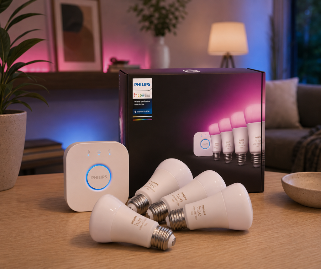 Philips Hue Smart Light Starter Kit with Hue Bridge and four white and color ambiance smart bulbs arranged on a wooden table in a cozy modern living room illuminated with warm, pink, and blue ambient lighting.