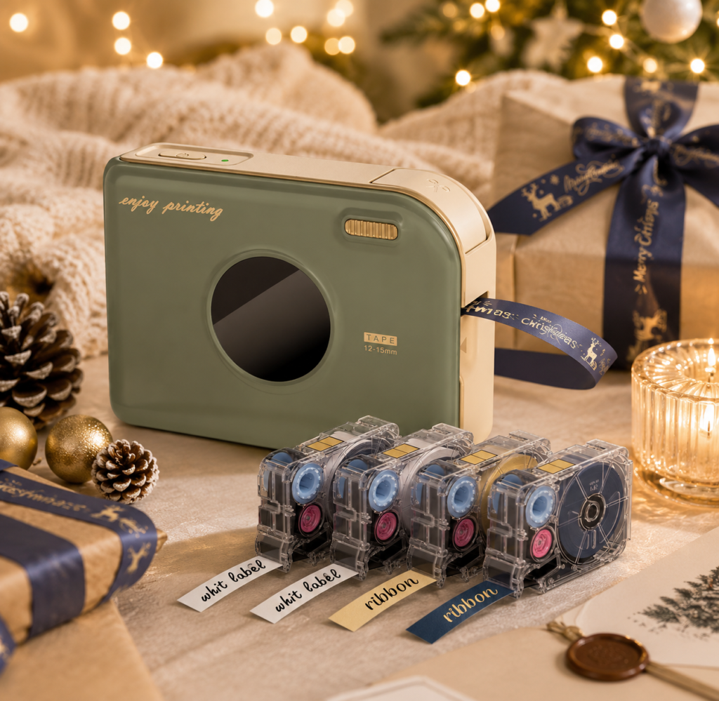 The label printer is styled as an elegant holiday tabletop centerpiece with a cozy gifting atmosphere.