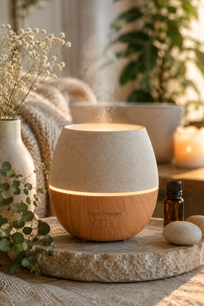Plant Therapy Home Drift Plant Therapy wood grain essential oil diffuser with a textured fabric cover and soft ambient light