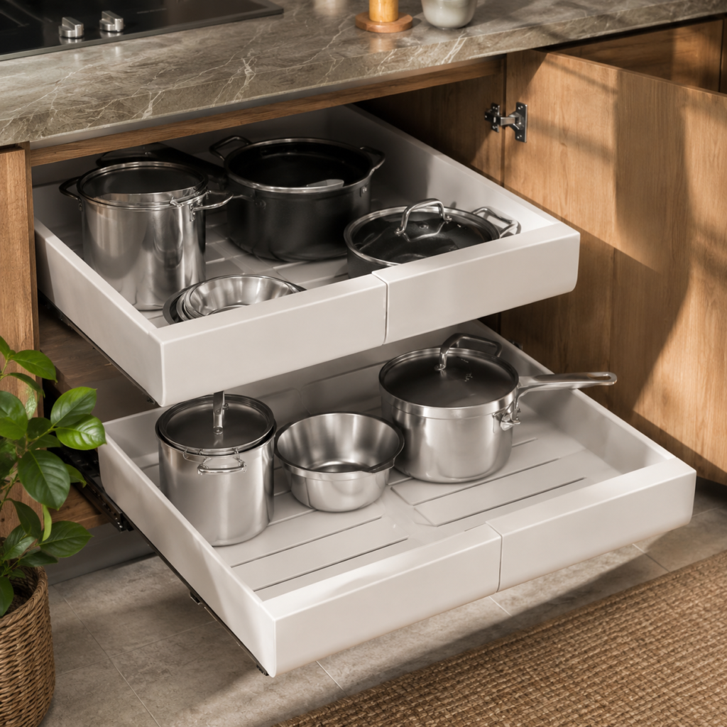 Pull out Cabinet Organizer White pull-out cabinet organizer with sliding drawers neatly storing stainless-steel pots, pans, and bowls in a warm modern kitchen.