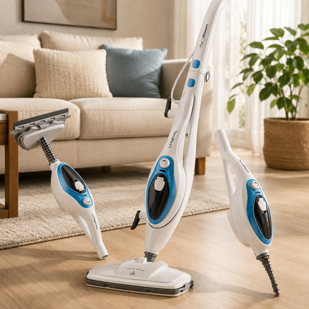 PurSteam 10-in-1 Steam Mop, Floor Steamer PurSteam ThermaPro 211 steam mop with detachable handheld cleaning attachments arranged in a bright, sunlit living room with a sofa, rug, and indoor plant.