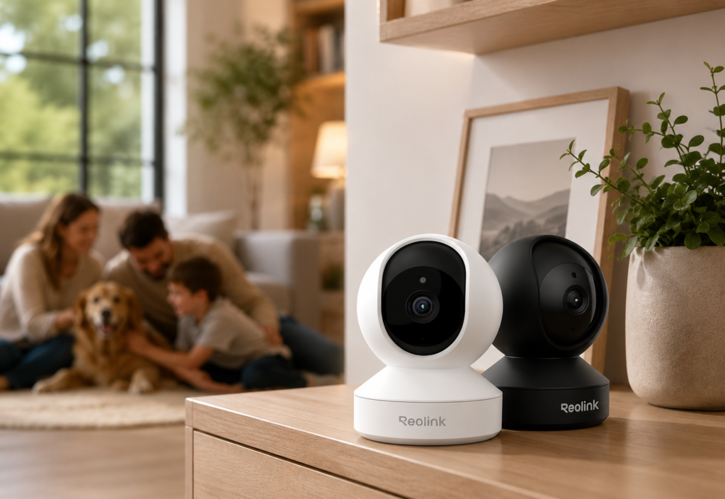 REOLINK 5MP Indoor Security Camera E1 The Reolink cameras sit naturally within a welcoming home scene, giving the cover an aspirational yet relatable feel.