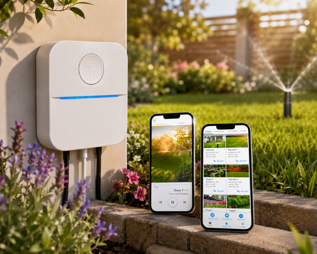 The cover presents the smart irrigation system as part of a beautiful, thriving backyard lifestyle.