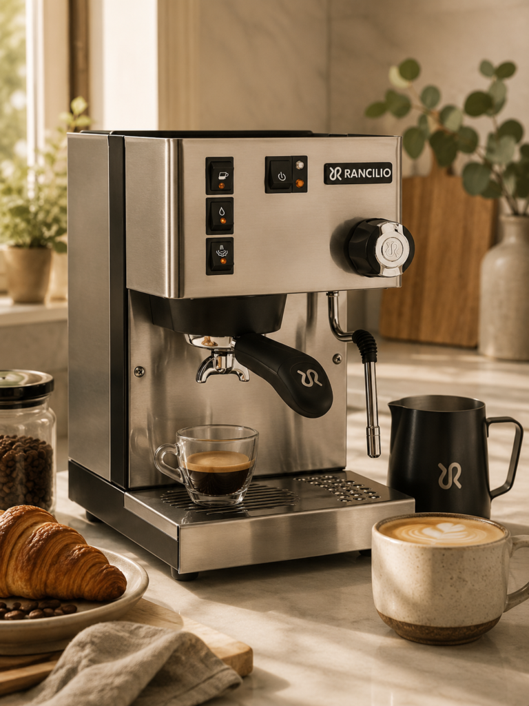 Rancilio Silvia Espresso Machine Rancilio espresso machine in a warm, sunlit kitchen, styled with freshly brewed espresso, a latte, coffee beans, and a croissant for an inviting home café experience.