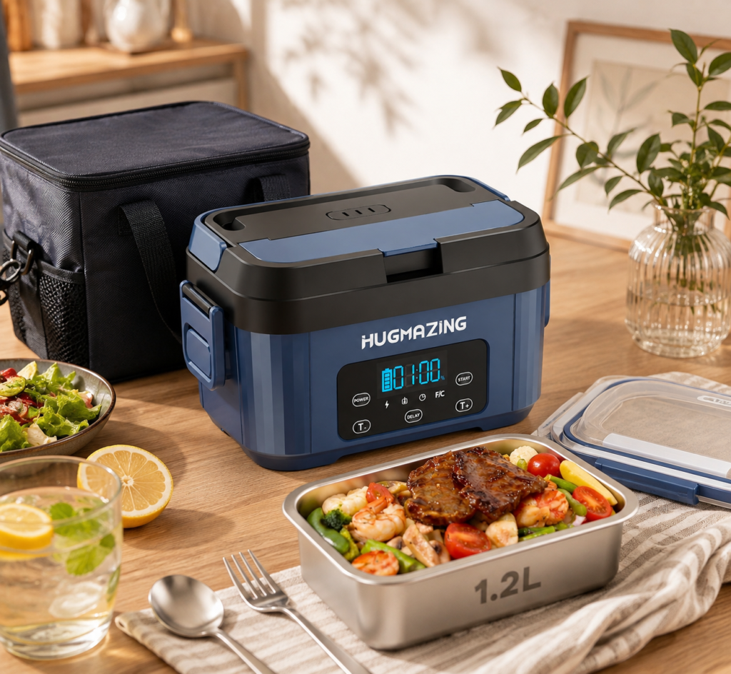 The HUGMAZING food warmer is styled as a practical, inviting centerpiece in a bright everyday kitchen.