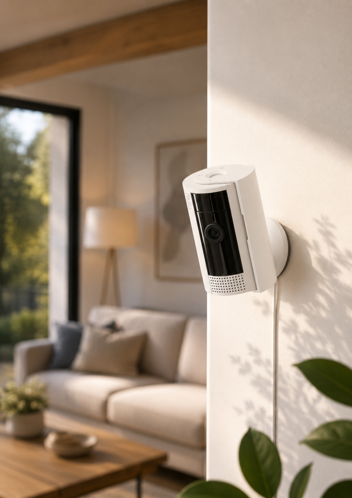 Ring Indoor Cam The Ring camera is presented naturally in a stylish, lived-in home, creating a calm and aspirational website-card feel.