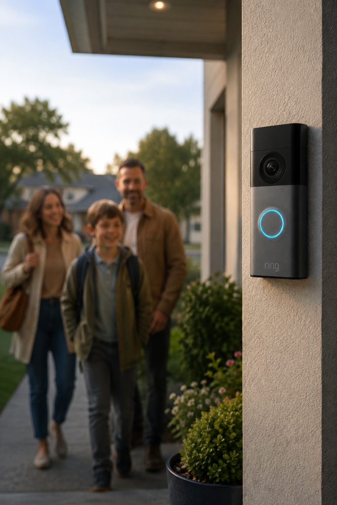 Ring Wired Doorbell 2nd Gen mounted beside a home entrance with a family approaching in the background.