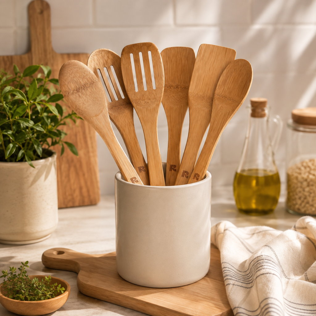 Riveira Bamboo Cooking Spoons 6-Piece Riveira 6-piece bamboo cooking utensil set displayed in a cream ceramic holder on a wooden cutting board in a warm, sunlit kitchen, surrounded by fresh herbs, a potted plant, olive oil, and a striped kitchen towel.