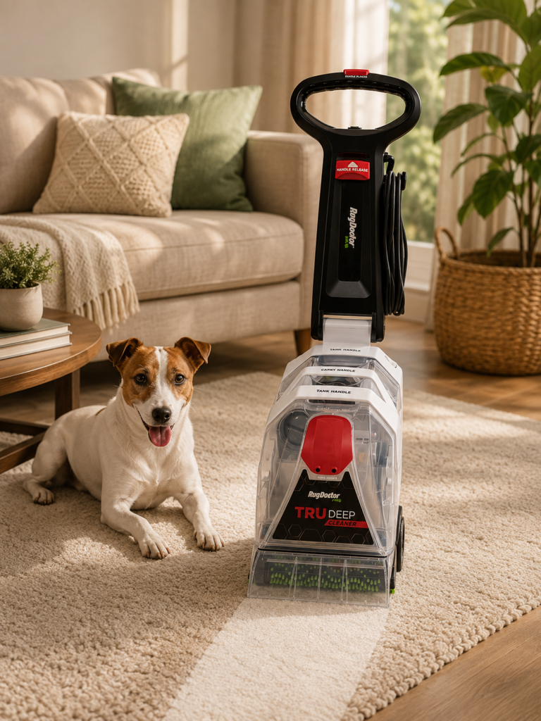 Rug Doctor Pet TruDeep carpet cleaner on a plush rug in a warm, sunlit living room, with a happy dog nearby and cozy home décor in the background.