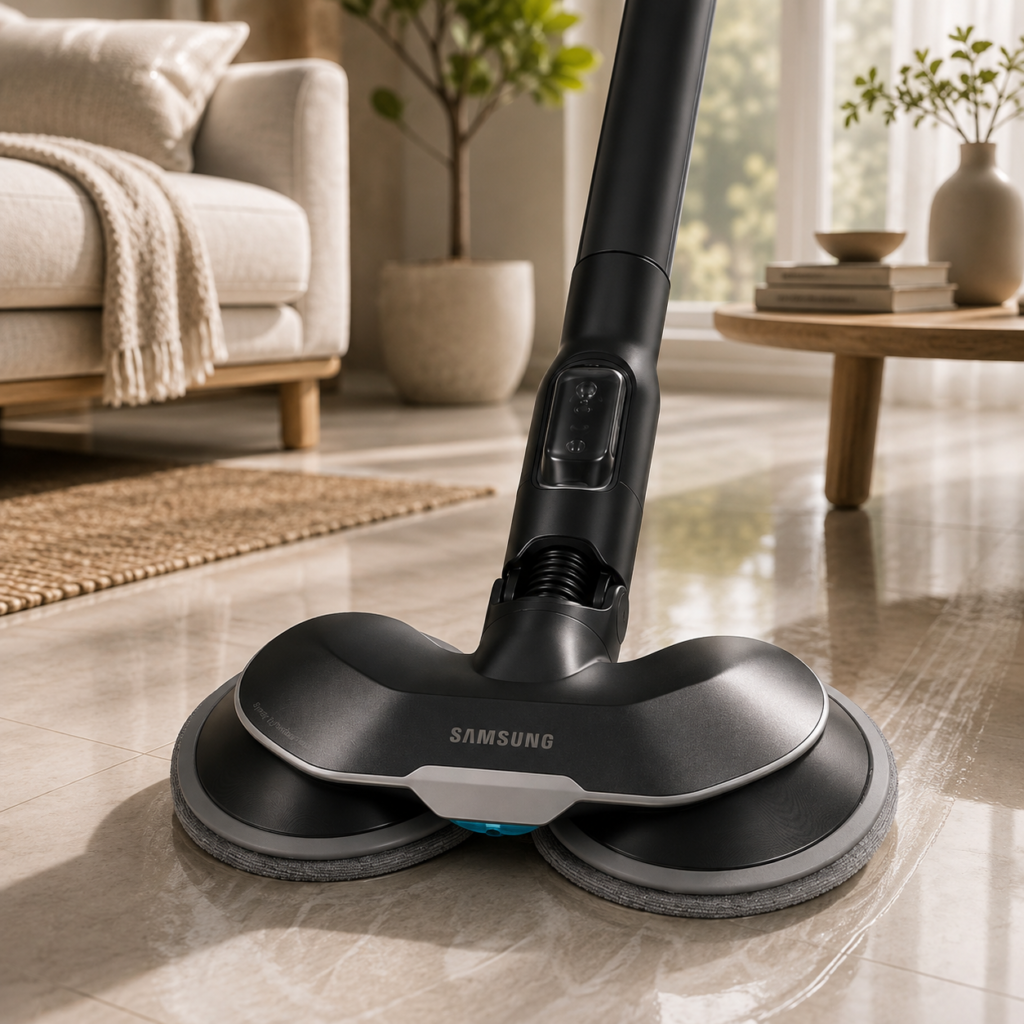 Samsung Bespoke Jet Spray Spinning Sweeper Brush Tool Accessory Part for Cordless Stick Vacuum Cleaner Samsung Bespoke Jet Spray Spinning Sweeper Brush cleaning a glossy floor in a bright, cozy living room with soft natural light and modern furnishings.