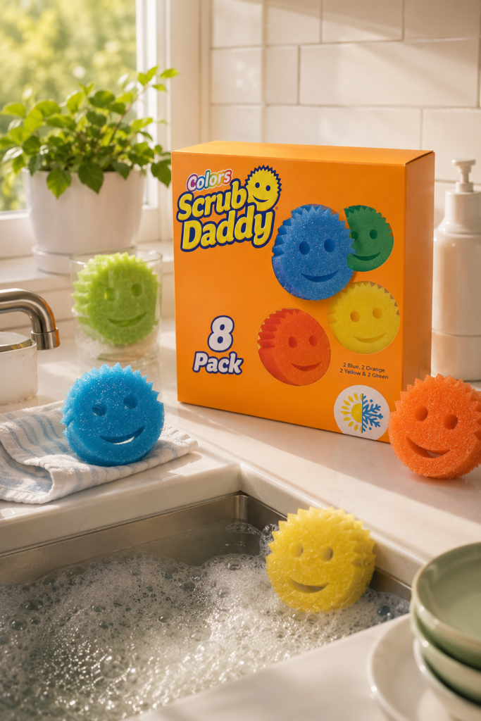 Scrub Daddy Colors 8-Pack with colorful smiley-face sponges beside a bright kitchen sink.