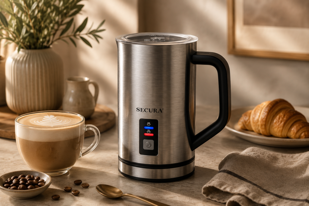 A cozy, aspirational coffee-moment scene now showcases the SECURA milk frother naturally in a stylish home setting.