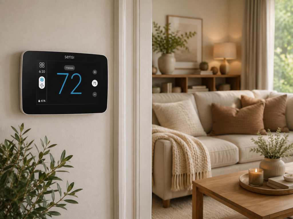 The Sensi thermostat is integrated into a calm, beautifully styled living room, making smart-home comfort feel natural and aspirational.