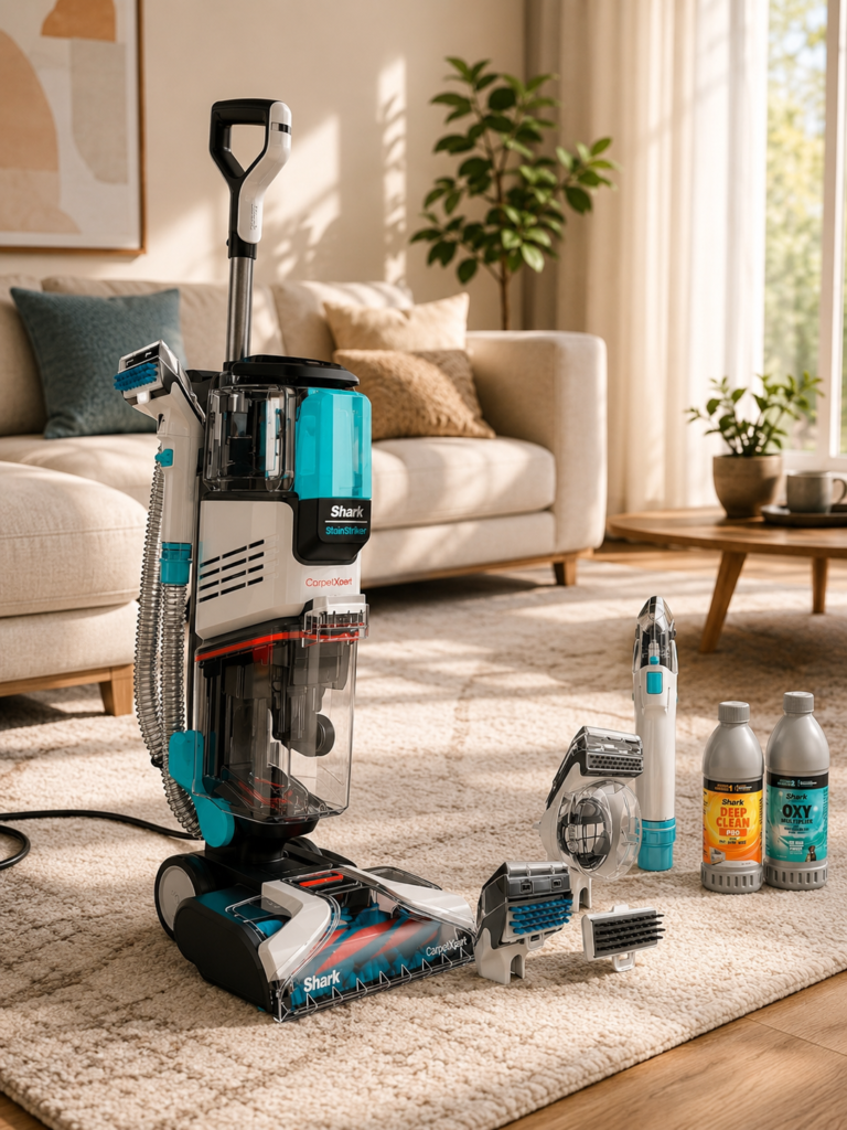 Shark CarpetXpert StainStriker upright carpet and upholstery cleaner with cleaning attachments and solution bottles arranged on a plush rug in a bright, cozy living room.