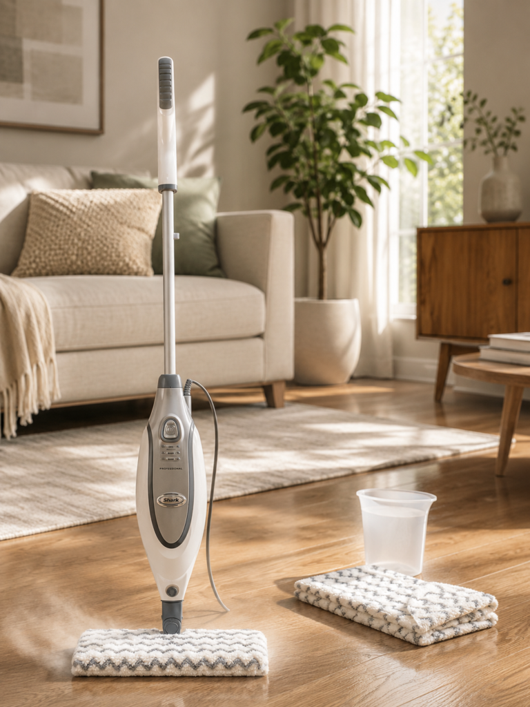 Shark Professional Steam Pocket Mop Shark Professional Steam Pocket Mop standing on a polished hardwood floor in a bright, modern living room, with a matching microfiber cleaning pad and water container nearby.