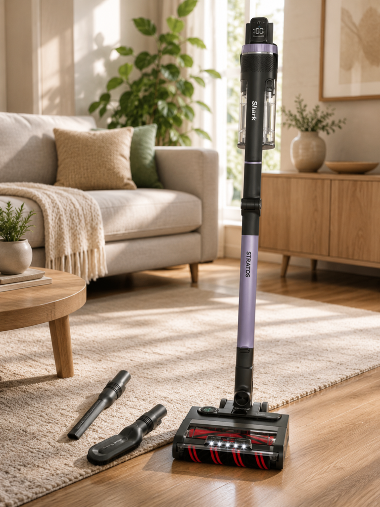 Shark Stratos Cordless Vacuum Shark Stratos cordless vacuum with motorized floor head and precision cleaning tools, shown in a modern product layout.