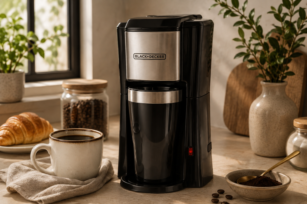 The BLACK+DECKER coffee maker is styled as an inviting everyday coffee station in a beautifully lived-in kitchen.