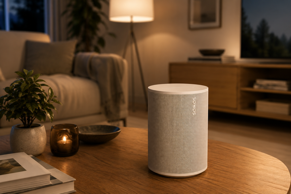 Sonos Era 100 - White - Wireless The Sonos speaker is styled naturally in a cozy, refined living-room setting that feels inviting and lived-in.