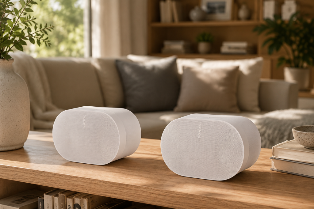 Sonos Era 300 The two white Sonos speakers are now styled naturally in a calm, lived-in living room with warm wood and soft furnishings.