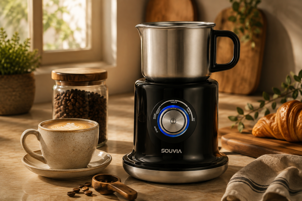 A cozy, café-inspired kitchen scene puts the GOUVIA milk frother at the heart of an inviting coffee ritual.
