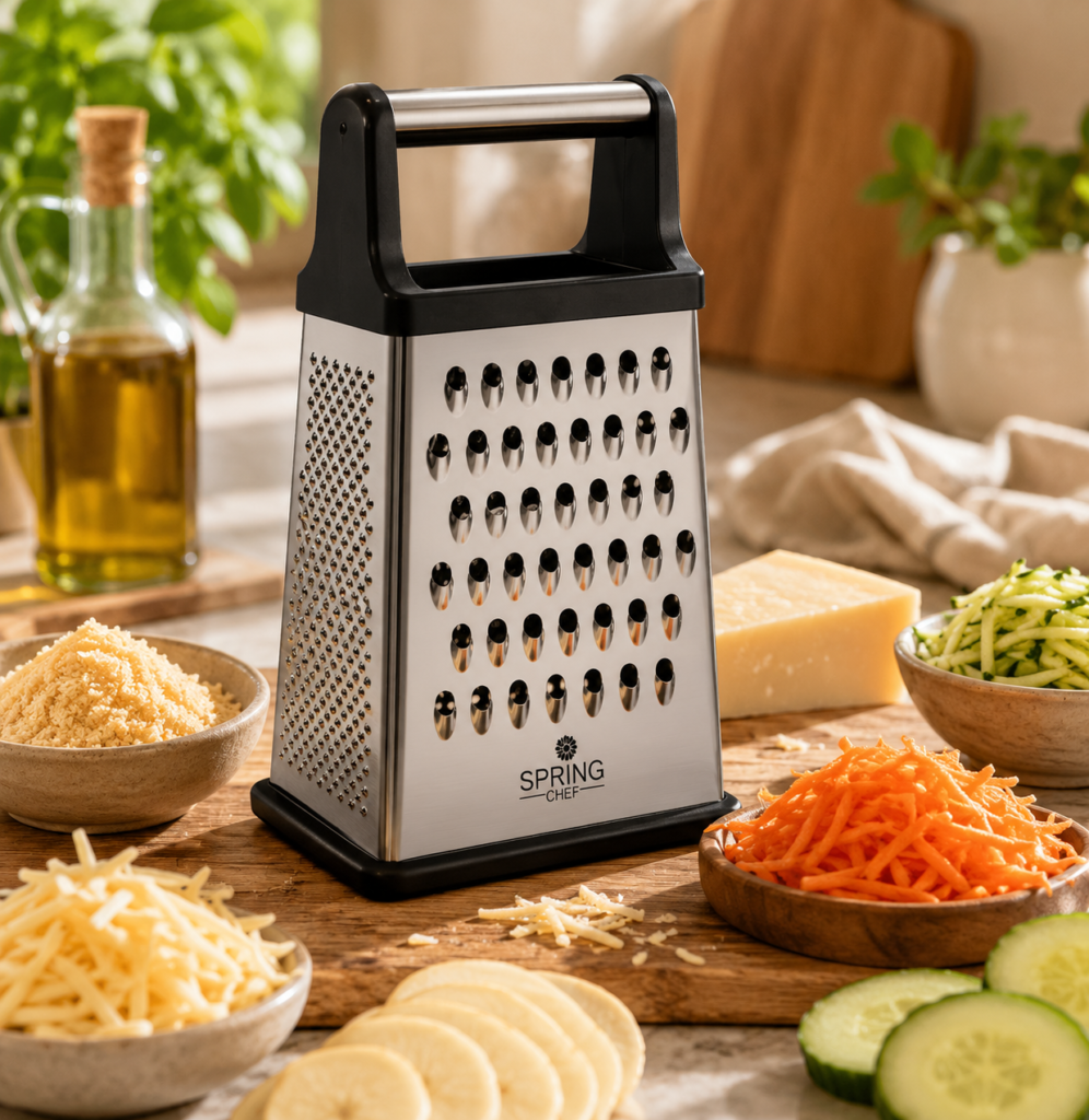 Spring Chef Stainless Steel XL Cheese Grater Spring Chef Stainless Steel XL Cheese Grater styled on a warm wooden kitchen counter with bowls of shredded cheese and vegetables, creating an inviting everyday meal-prep scene.