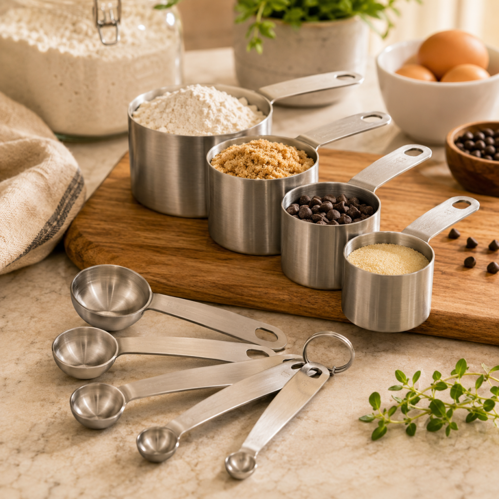 Stainless Steel Measuring Cups & Spoons Set, Cups and Spoons Stainless-steel kitchen measuring cups and spoons arranged on a warm wooden board, with flour, brown sugar, chocolate chips, and other baking ingredients in a cozy, softly lit kitchen setting.