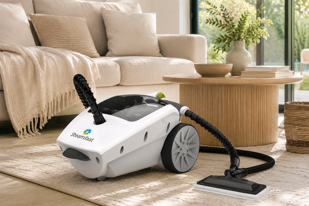 Steamfast canister steam cleaner with a black hose and floor attachment in a bright, cozy modern living room with a neutral sofa, wooden coffee table, and soft natural light.