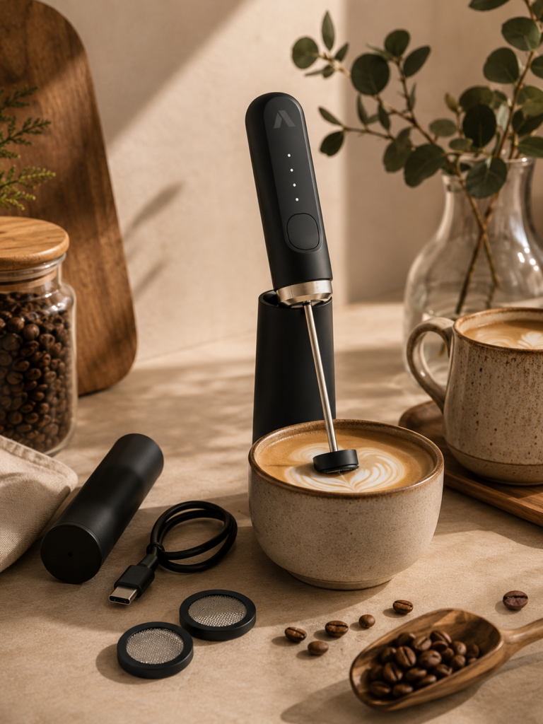 A warm, café-inspired countertop scene makes the Subminimal NanoFoamer feel like part of an everyday coffee ritual.