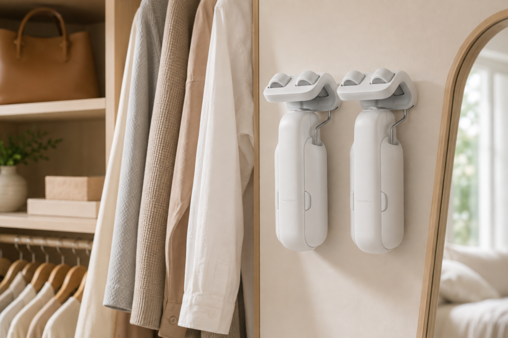 SwitchBot automatic curtain opener devices displayed in a warm, minimalist wardrobe setting with neutral clothing, wooden accents, and soft natural light.