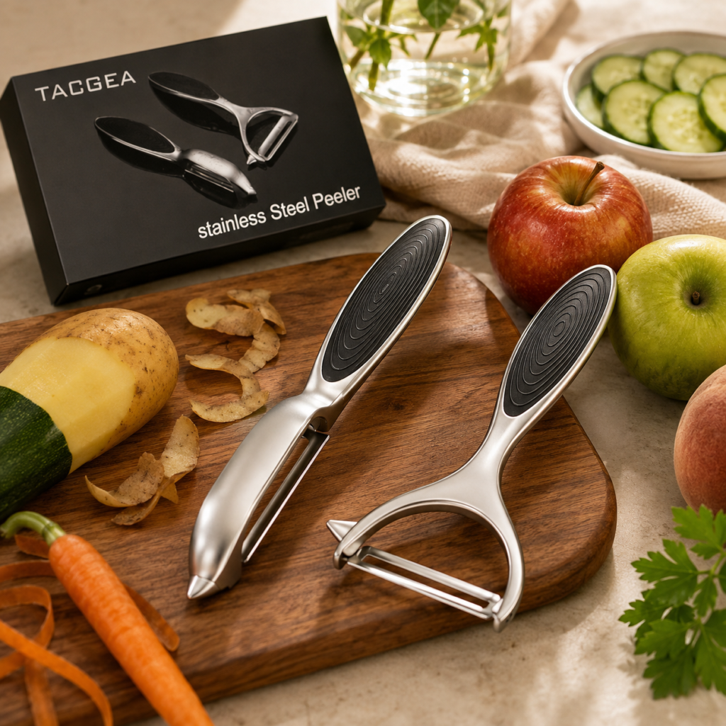 TACGEA Vegetable Peeler for Kitchen TACGEA stainless steel vegetable peelers styled on a warm wooden cutting board with fresh potatoes, carrots, zucchini, apples, cucumber, and herbs in an inviting kitchen setting.