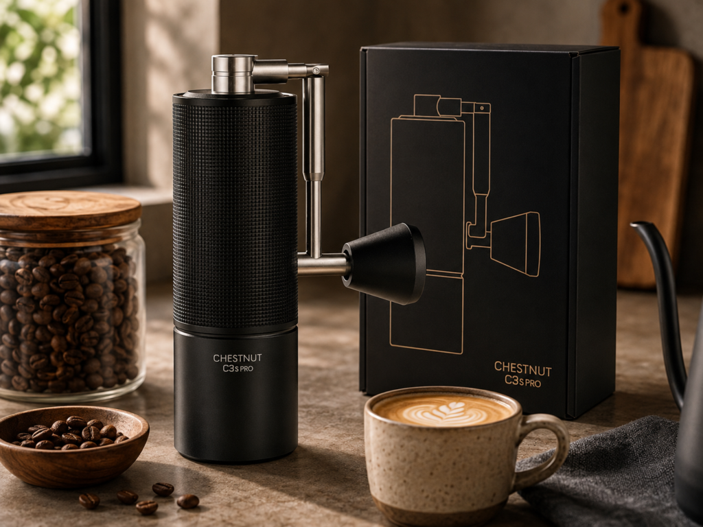 TIMEMORE Chestnut C3S Pro The TIMEMORE Chestnut C3S Pro is presented as an inviting, refined part of a home coffee ritual.