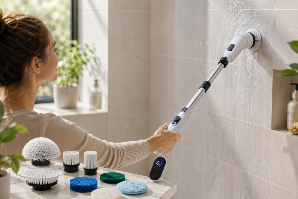 TUYU electric spin scrubber with an extended handle cleaning shower tiles in a bright modern bathroom, with multiple interchangeable brush heads displayed on the counter.