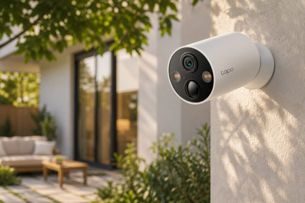 Tapo MagCam wireless outdoor security camera mounted on a modern home exterior wall, overlooking a stylish patio and garden in warm natural light.