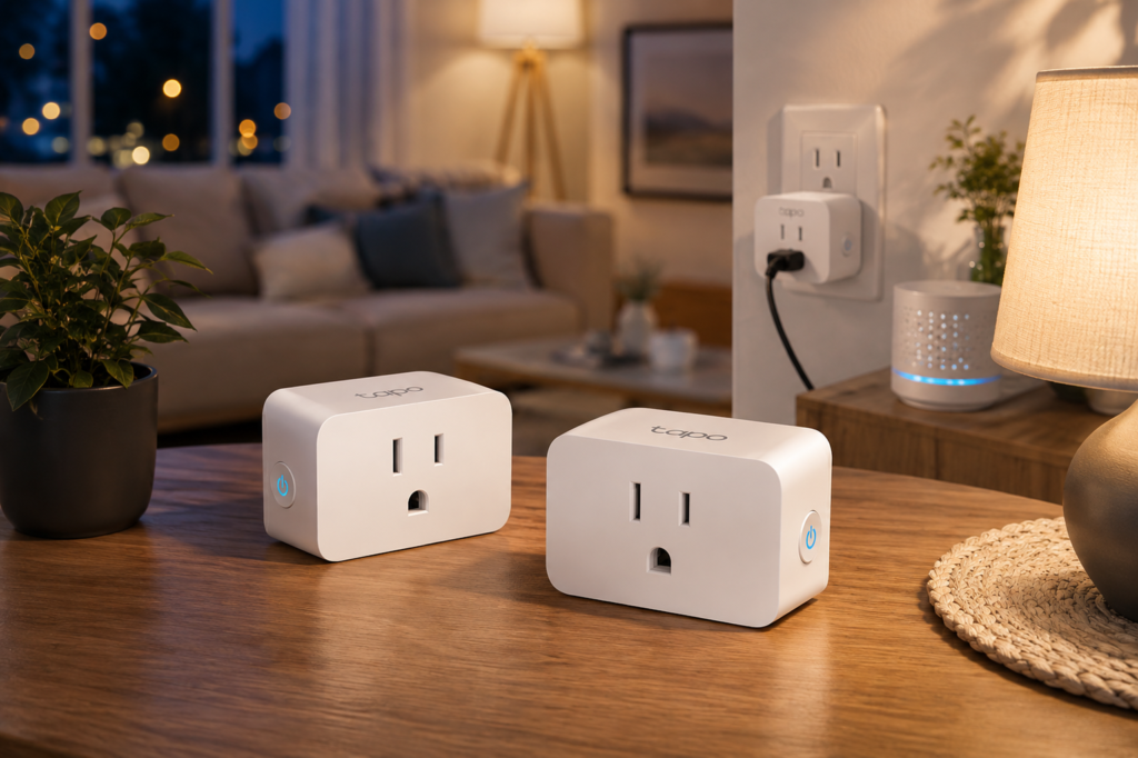 The Tapo smart plugs are presented in a cozy, aspirational home setting that makes smart living feel natural and attainable.