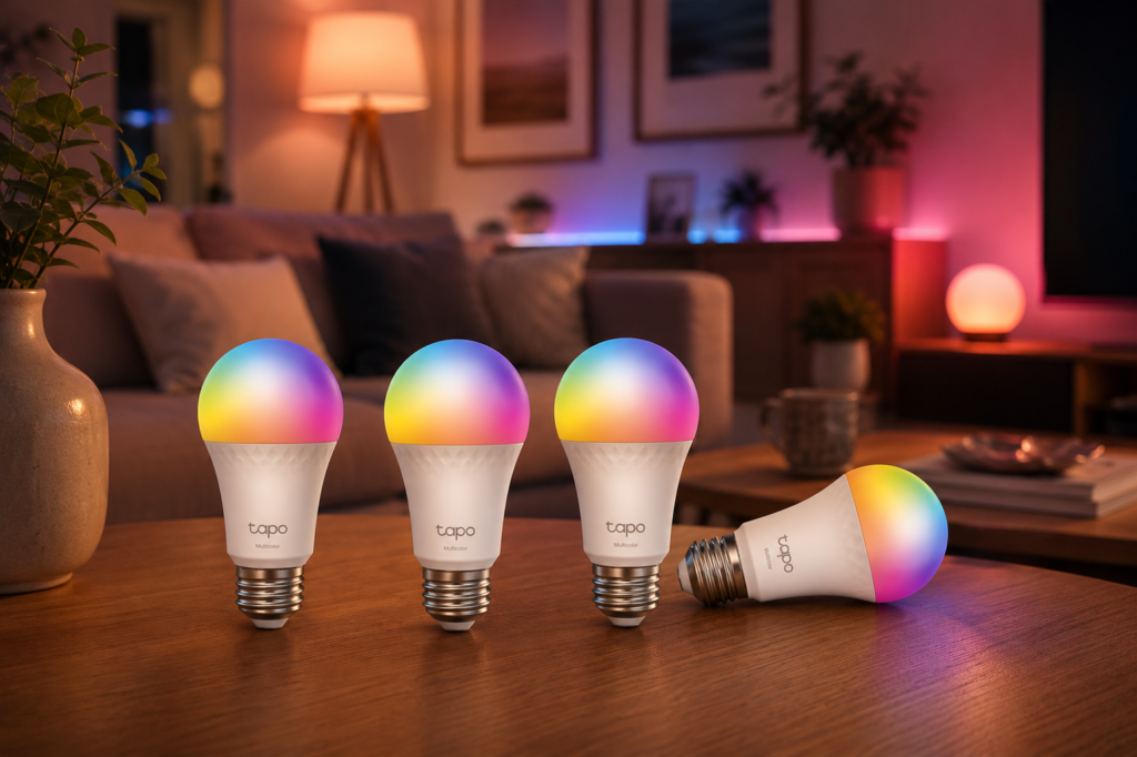 Tapo Multicolor Dimmable Smart Light Bulbs, L535E The Tapo Multicolor bulbs are shown as an inviting centerpiece in a stylish, lived-in living room.