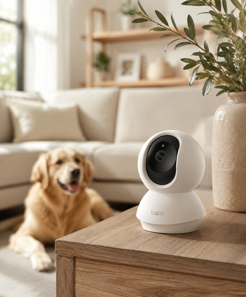 Tapo pan-and-tilt indoor security camera on a wooden table in a warm, modern living room, with a relaxed dog and natural greenery in the background.