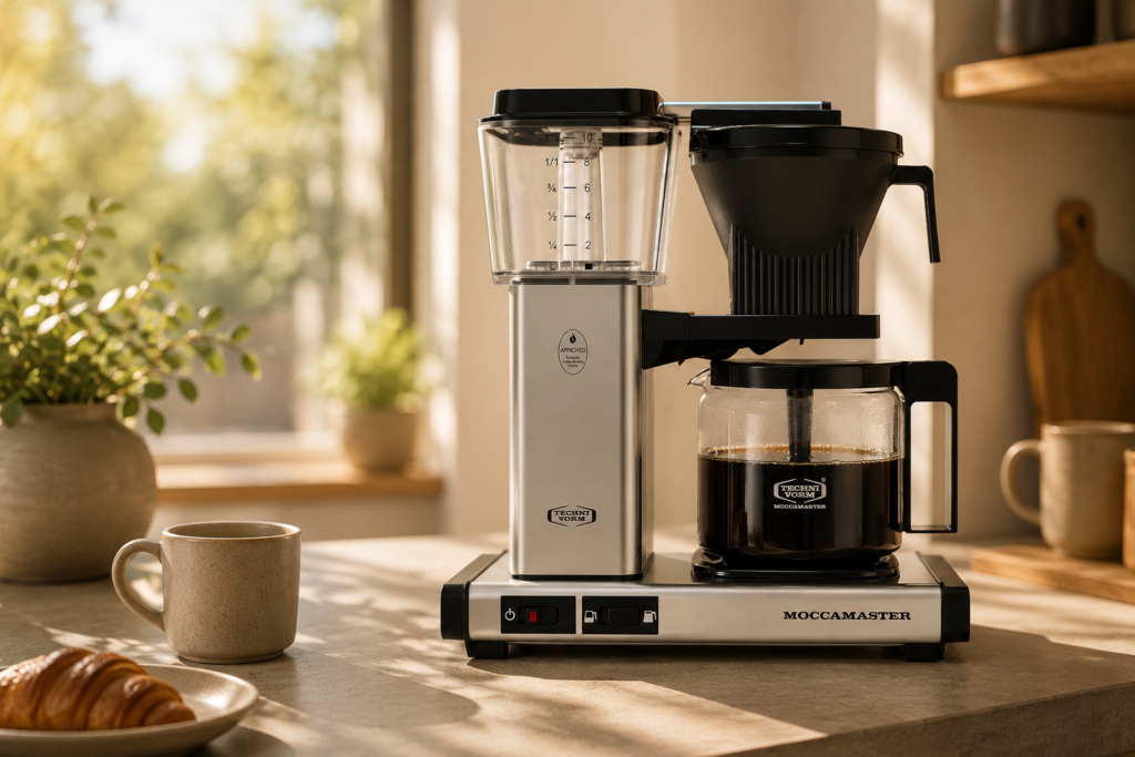 Technivorm Moccamaster coffee maker brewing fresh coffee on a sunlit kitchen counter, styled with a ceramic mug, croissant, and greenery for a warm morning atmosphere.