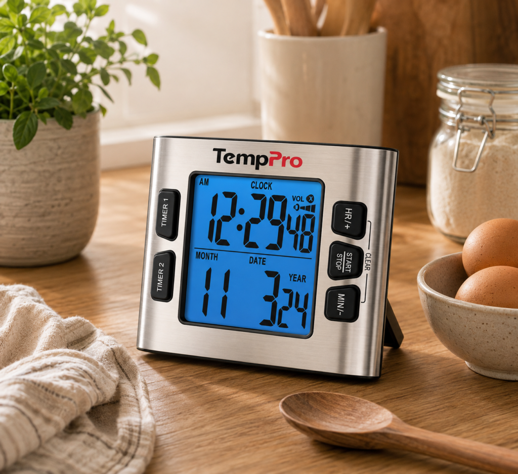 TempPro TM02 24H Kitchen Timer with Clock Mode & Dual Digital Timers TempPro stainless-steel digital kitchen timer displayed on a warm wooden kitchen countertop, surrounded by a potted herb, flour jar, eggs, wooden spoon, and folded kitchen towel in a cozy, softly lit setting.