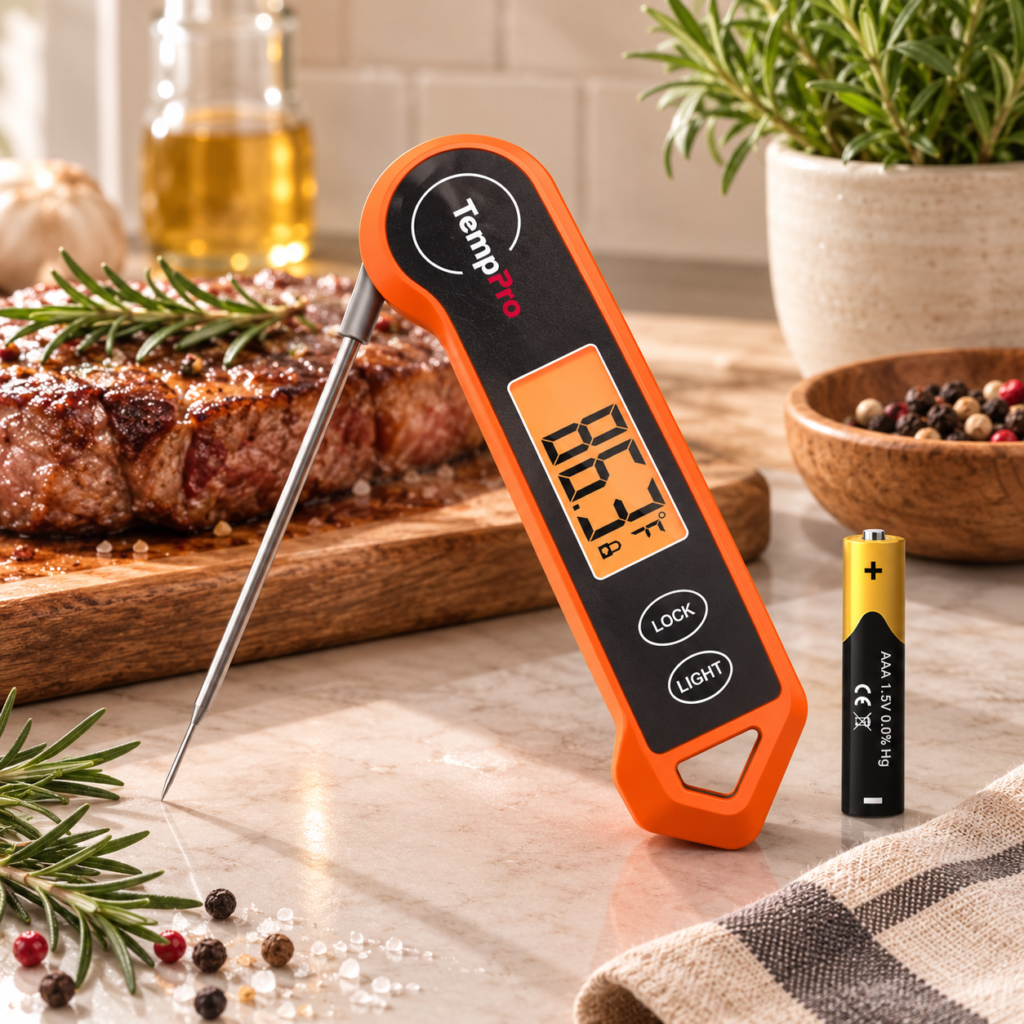 TempPro TP19H 1 Sec Digital Meat Thermometer for Cooking TempPro orange digital meat thermometer displayed on a light stone kitchen counter beside a roasted steak with rosemary, pepper, herbs, and a standing AAA battery in a warm, inviting cooking scene.
