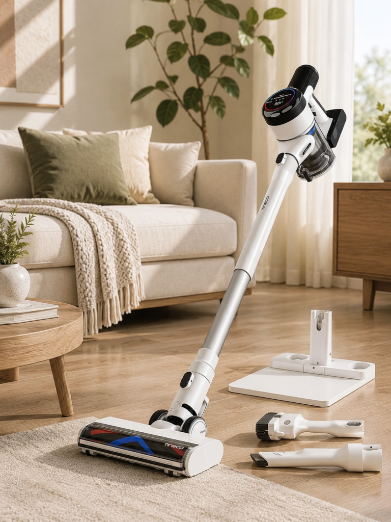 Sleek white Tineco cordless vacuum with floor head, charging dock, and cleaning attachment, styled for a modern home.