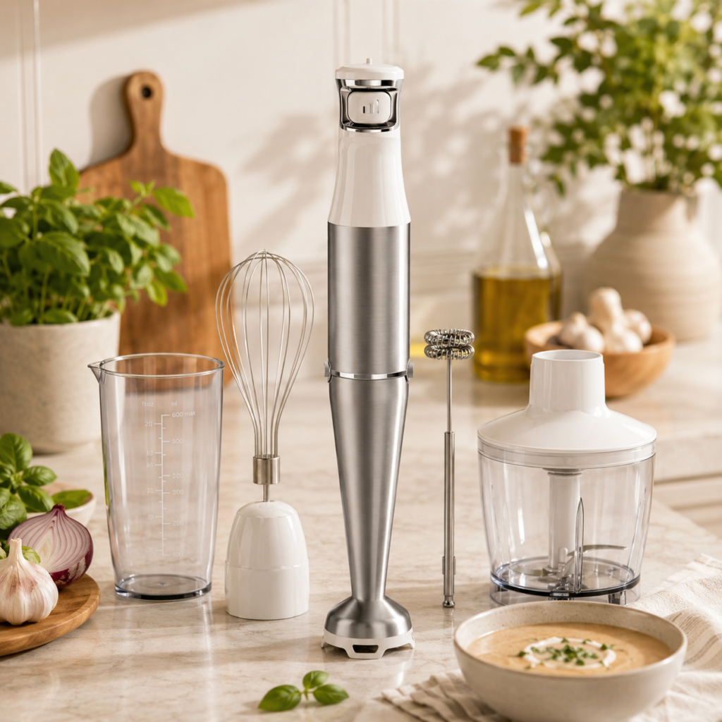 Turelar Immersion Blender Handheld Corded Turelar Immersion Blender Handheld Corded with whisk, frother, measuring cup, and chopper attachment displayed on a warm marble kitchen countertop beside fresh herbs, garlic, vegetables, and a bowl of creamy soup.